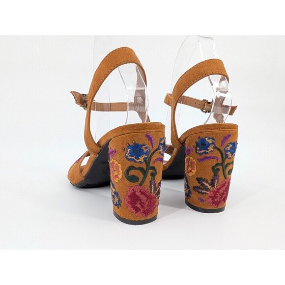 Womens High Heel Sandals 8.5 Brown Floral Embroidery Boho Chic Statement Artsy - Picture 7 of 14
